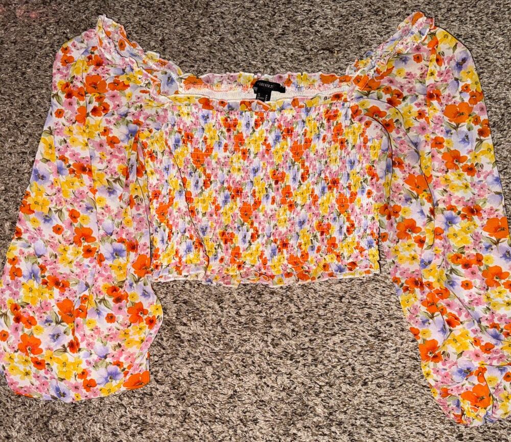 BeautifulForever 21 Cropped Bell Sleeve Shirt Floral Design Yellow Orange Blue